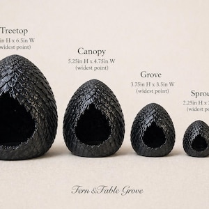 May include: Four black, egg-shaped decorative objects with textured surfaces, ranging in size from 2.25 inches to 7.5 inches high. The objects have openings and are labeled "Treetop", "Canopy", "Grove", and "Sprout". A coin is next to the smallest object. The text "Fern & Fable Grove" is at the bottom.