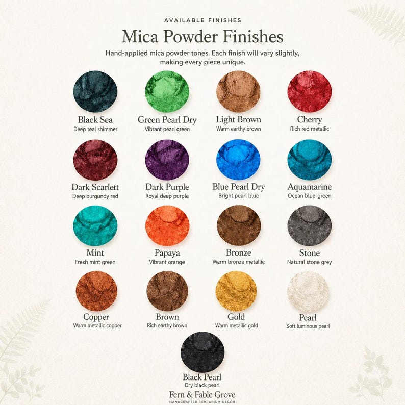 Op de afbeelding: Een kleurenkaart getiteld Mica Powder Finishes met zeventien cirkelvormige stalen van met de hand aangebracht micapoeder in diverse tinten, waaronder Black Sea, Green Pearl Dry, Light Brown, Cherry, Dark Scarlett, Dark Purple, Blue Pearl Dry, Aquamarine, Mint, Papaya, Bronze, Stone, Copper, Brown, Gold, Pearl en Black Pearl.