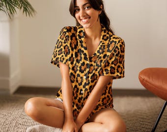 Top de pijama de manga corta para mujer con estampado de leopardo