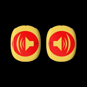 May include: Two yellow, oval-shaped devices with a red speaker icon. The speaker icon features a red arrow pointing right with sound waves emanating from it. The devices are set against a black background.