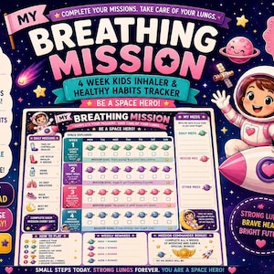 Op de afbeelding: Een kleurrijke, geïllustreerde ademhalingsmissie-tracker voor kinderen met een ruimtethema. Het ontwerp bevat een raket, planeten, sterren en een cartoon-astronaut. Tekst bevat "4 weken inhalator & gezonde gewoonten tracker" en "Wees een ruimteheld!"