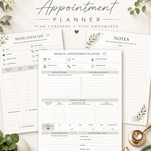 Könnte beinhalten: Ein medizinischer Terminplaner mit einem herzförmigen Logo und den Worten "Medical Appointment Planner". Der Planer enthält Abschnitte für Medikamentenlisten, Termindetails und Notizen. Das Design ist minimalistisch mit botanischen Akzenten.