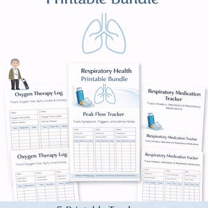 May include: A collection of five printable respiratory health trackers. The bundle includes logs for oxygen therapy, peak flow, and medication tracking. The title "Respiratory Health Printable Bundle" is at the top, with "Instant Download" at the bottom.
