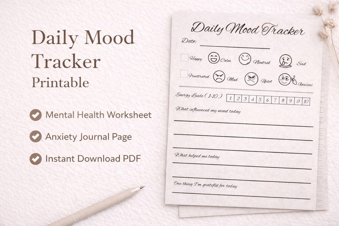 Daily Mood Tracker Printable | Mental Health Worksheet, Anxiety Journal ...