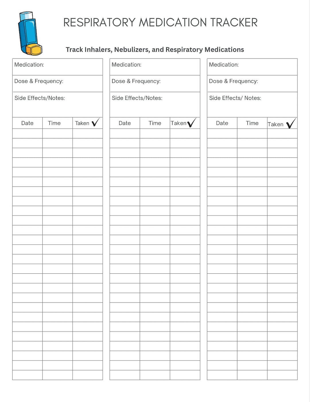 Printable Inhaler Respiratory Medication Tracker Printable |asthma & COPD Medication Log ...