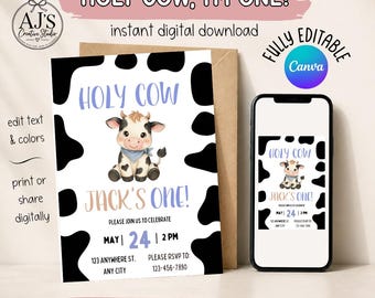 Holy Cow I’m One Birthday Invitation | Cow First Birthday Invite | Boy Farm Birthday | Editable Canva Template | Digital Invitation