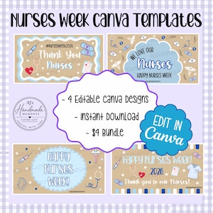 Op de afbeelding: Een digitale bundel van vier Canva-sjablonen voor de Week van de Verpleegkundige. De ontwerpen bevatten teksten als "Bedankt Verpleegkundigen" en "Fijne Week van de Verpleegkundige!" met medische thema-afbeeldingen. Directe download.
