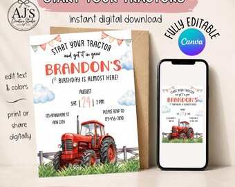Tractor First Birthday Invitation | Farm Party Canva Template (Digital Download)