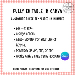 May include: A digital product advertisement on a pink and white checkered background. The text reads "FULLY EDITABLE IN CANVA" and lists customization options: edit text, change colors, adjust wording, and download as JPG, PNG, or PDF. Includes a Canva logo.