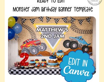 Monster Truck Birthday Banner | Monster Jam Party Template | Editable Banner | Truck Birthday | Custom Monster Truck Sign | Instant Download