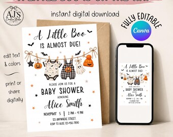Halloween Baby Shower Invitation, Little Boo Theme, Editable Canva Template (Digital Download)