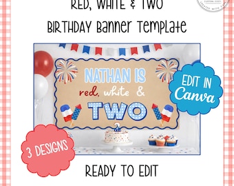 Red White & Two Birthday Banner Template | 2nd Birthday Banner | Patriotic Birthday | Fourth of July Birthday Decor | Canva Banner Template