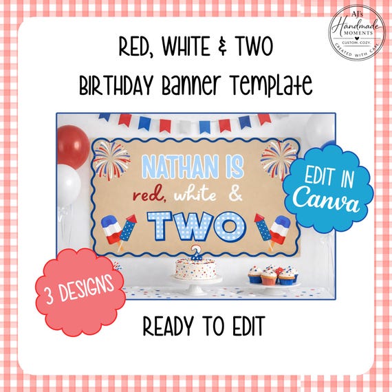 Red White & Two Birthday Banner Template | 2nd Birthday Banner | Patriotic Birthday | Fourth of July Birthday Decor | Canva Banner Template