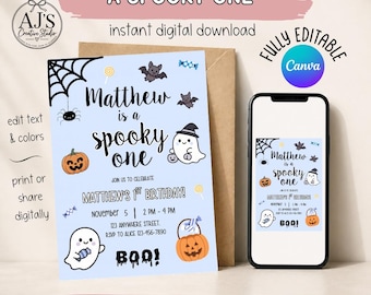 Spooky One Birthday Invitation Template, Halloween First Birthday Invite (Digital Download)