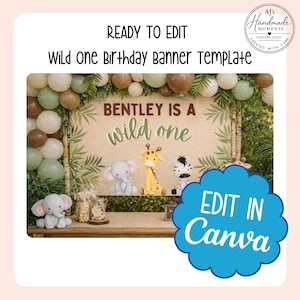 Wild One Birthday Banner Template | Safari First Birthday Banner | Jungle Birthday Party Sign | Editable Canva Banner | Wild One Party Decor