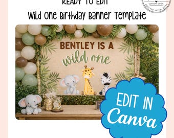 Wild One Birthday Banner Template | Safari First Birthday Banner | Jungle Birthday Party Sign | Editable Canva Banner | Wild One Party Decor