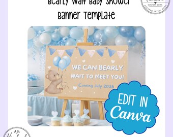 We Can Bearly Wait Baby Shower |  Banner Template | Teddy Bear Baby Shower Sign, Editable Canva Template | Boy & Girl Baby Shower Custom