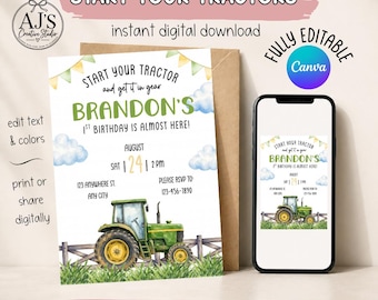 Tractor First Birthday Invitation | Farm Party Canva Template (Digital Download)