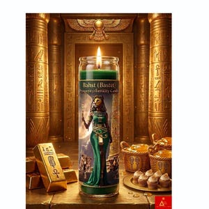 Puede incluir: Una vela verde encendida en un frasco de vidrio con el texto "Bahst (Bastet) Prosperity/Fertility Candle". La vela presenta una ilustración de una figura egipcia. Barras de oro y cestas de golosinas están en primer plano.