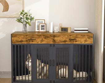 Mueble de madera para jaula de perro, caseta rústica grande para mascotas, soporte para TV con cajones de almacenamiento.