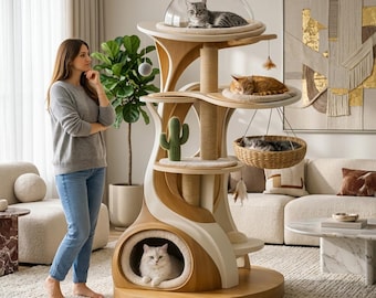 Luxury Wooden Cat Tree with Acrylic Dome Bed, Modern Pet Furniture