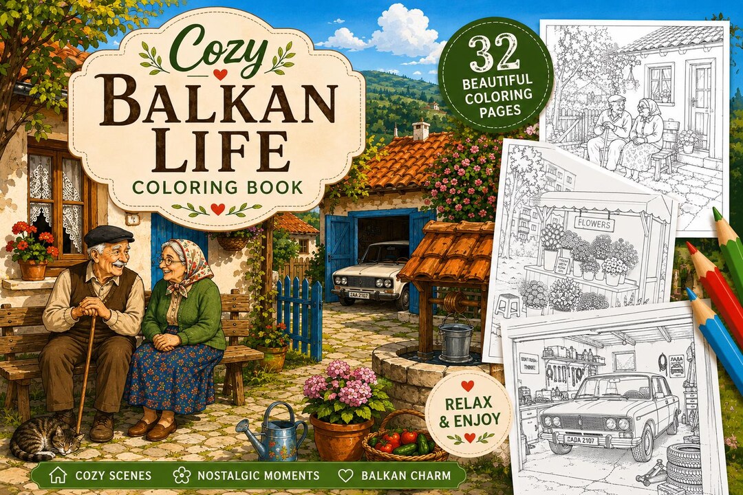 Cozy Balkan Life Coloring Book | 32 Printable Adult Pages | Village ...