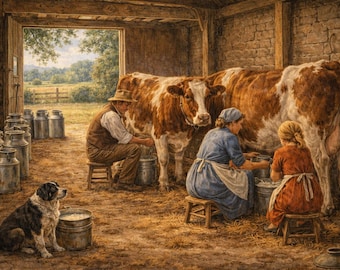Koeien melken in een rustieke schuur – puzzel van 1000 stukjes – vintage Britse boerderijscène – apenretrokunst