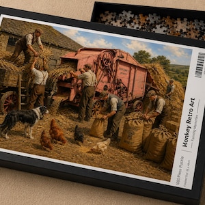 May include: A 1000-piece jigsaw puzzle box titled Monkey Retro Art Farming Memories. The box lid features a scene of people harvesting wheat with a red threshing machine, a wagon, chickens, and a dog. The box includes a barcode and text stating 1000 Piece Puzzle Finished Size 68 x 48cm.