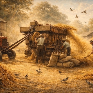 May include: An idyllic farm scene depicts a vintage red tractor, a large threshing machine, and workers harvesting hay. Piles of golden hay surround the scene, with birds flying overhead. The image evokes a sense of rural life and agricultural labor.