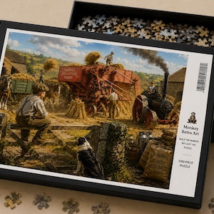 May include: A 1000-piece jigsaw puzzle in a black box featuring a rural harvest scene with a steam-powered thresher, a person sitting on a wooden fence, and a dog. The box label displays the text Monkey Retro Art, Build the moment, not just the puzzle.