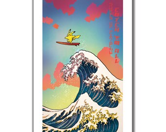 SURFS UP PIKA - Gotta Ride Em All - Great Wave Big Surf Art Print 11x17 by Rob Ozborne