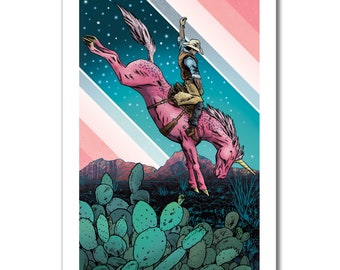 PINK UNICORN - Western Cowboy Riding the Pink Unicorn - 13x19 Modern Western Art Print by Rob Ozborne