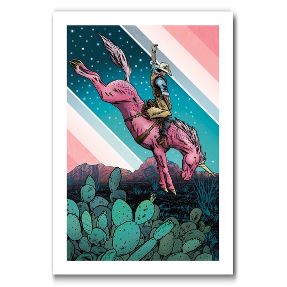 PINK UNICORN - Western Cowboy Riding the Pink Unicorn - 13x19 Modern Western Art Print by Rob Ozborne