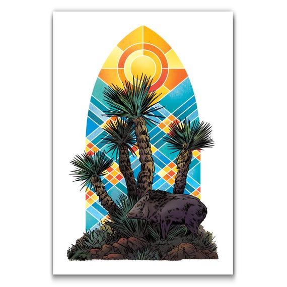 YUCCA CATHEDRAL - Javelina and Stained Glass - Modern Western Art Print by Rob Ozborne