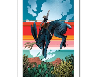 JUMPIN JACK - Jackalope Bronco Busting and Cowboy Rider - 13x19 Modern Western Art Print by Rob Ozborne