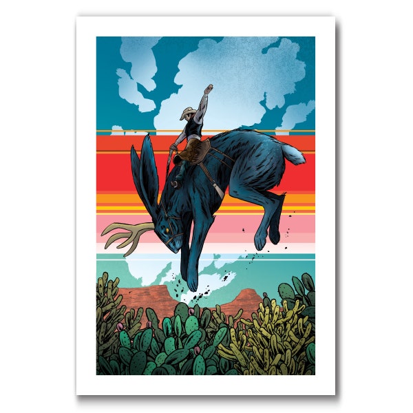 JUMPIN JACK - Jackalope Bronco Busting e Cowboy Rider - Stampa artistica western moderna 13x19 di Rob Ozborne