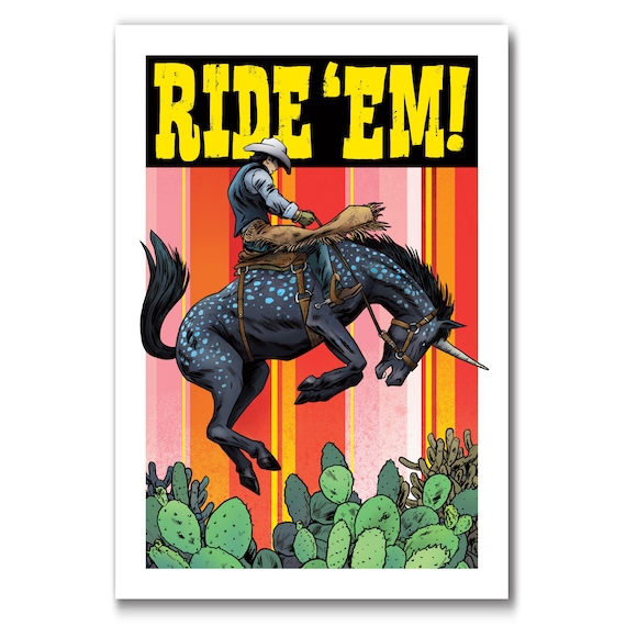 RIDE EM- Unicorn Bucking Bronco and Cowboy Rider - 13x19 Modern Western Art Print by Rob Ozborne