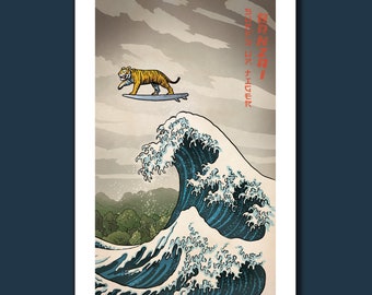 SURFS UP TIGER - Great Wave Big Surf - Art Print 11x17 by Rob Ozborne