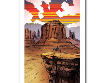 MONUMENT MAGIC - Monument Valley Landscape Cowboy Unicorn and Dog - 13x19 Modern Western Art Print by Rob Ozborne