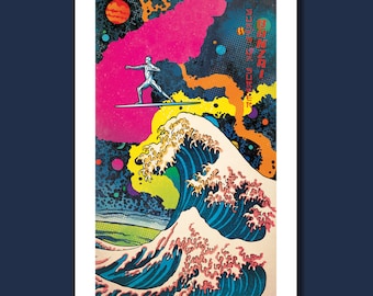 SURFS Up SILVER SURFER - Great Wave Inspired - 11x17 Art Print by Rob Ozborne