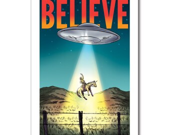 BELIEVE - UFO abduction of unicorn horse and rider - 13x19 Modern Western Art Print by Rob Ozborne
