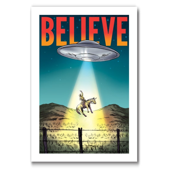 BELIEVE - UFO abduction of unicorn horse and rider - 13x19 Modern Western Art Print by Rob Ozborne