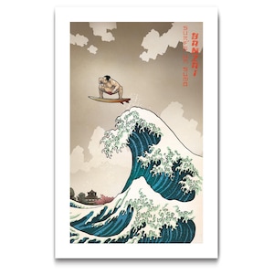 May include: A digital illustration of a sumo wrestler surfing a large wave. The wave is blue and green and the wrestler is wearing a traditional red and white sumo wrestling outfit. The text "SURF'S UP SUMO" is written in red on the right side of the image.