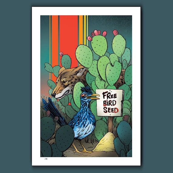 ROADRUNNER COYOTE - Free Bird Seed - 13x19 Open Edition Art Print by Rob Ozborne