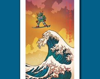 SURFS UP ROBOT - Great Wave Big Surf - Vintage Toy Robot Art Print 11x17 by Rob Ozborne