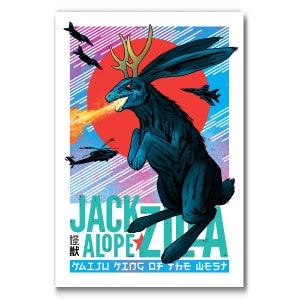 May include: A blue rabbit with antlers, breathing fire, against a red and blue striped background. The text "JACKALOPE ZILLA" is written in black and white, with the word "JACKALOPE" in a larger font. The text "KING OF THE WEST" is written in Japanese characters below the main text.