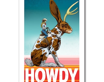 HOWDY - Jackalope and Cowgirl - Art Print by Rob Ozborne