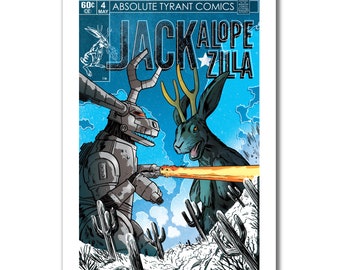 JACKALOPE-ZILLA Vs Mecha-Jack-Zilla-Tron - New Open Edition - 13x19 Art Print by Rob Ozborne