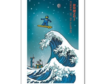 SURFS UP SPACEMAN - Toy Building Bricks Mini-Fig - Great Wave Big Surf Art Print 11x17 by Rob Ozborne