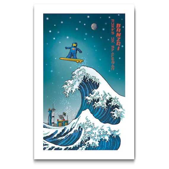 SURFS UP SPACEMAN - Toy Building Bricks Mini-Fig - Great Wave Big Surf Art Print 11x17 by Rob Ozborne